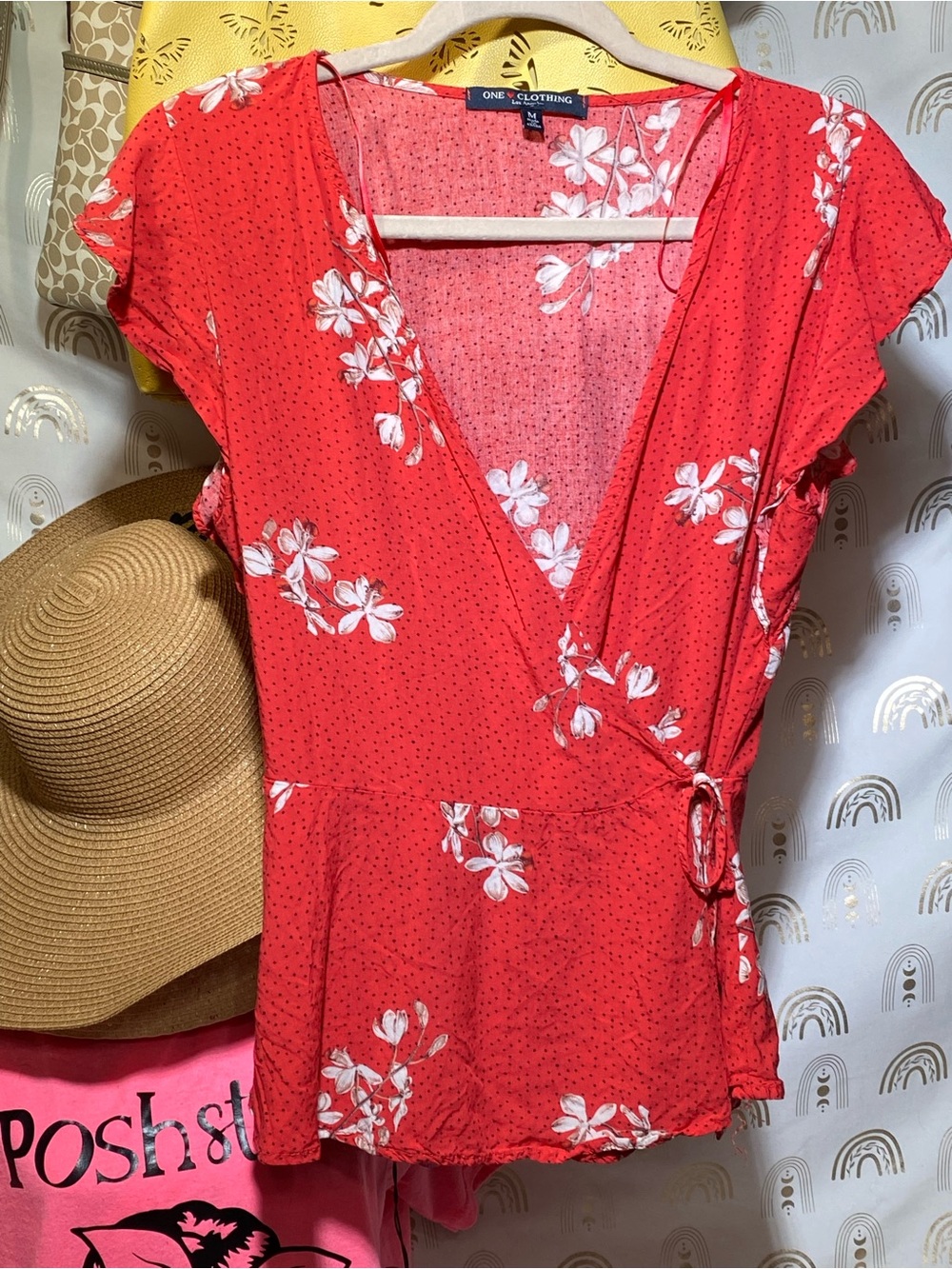 one clothing Coral Red Floral Wrap Blouse
